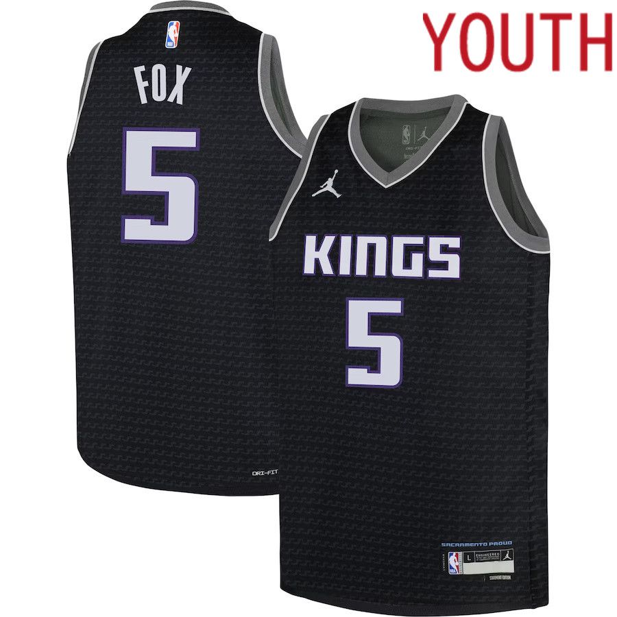 Youth Sacramento Kings 5 De Aaron Fox Jordan Brand Black 2022-23 Swingman NBA Jersey